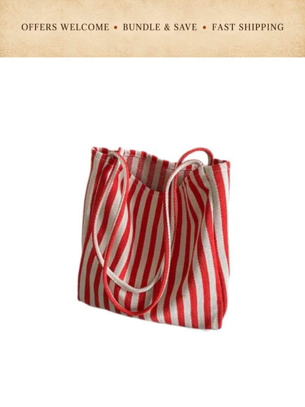 Striped Canvas Tote Bag Thick Cotton Linen Open Shoulder Handbag
